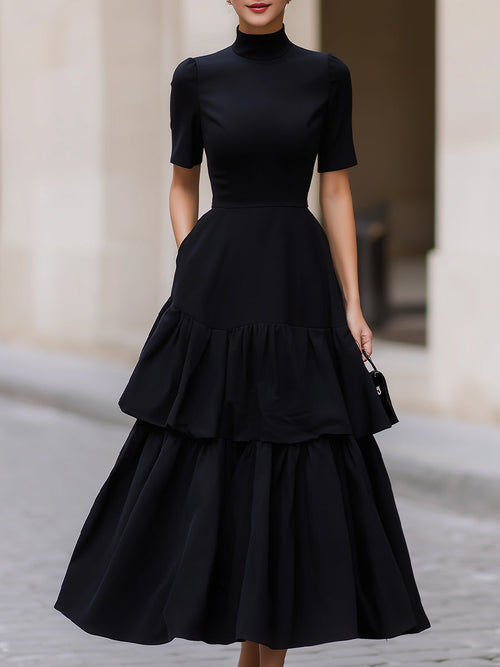 Black High Neck Tiered Ruffle A-Line Maxi Dress