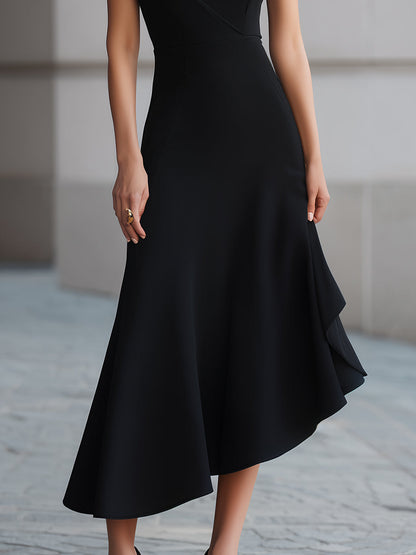 Black One-Shoulder Draped Asymmetric Midi Dress