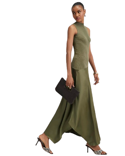 Khaki Hybrid Satin Knit Asymmetric Hem Dress – Elegant Women's Dress